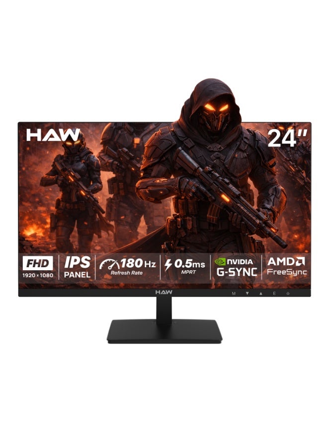 HAW F24IPY 24-Inch Gaming Monitor, FHD 1920×1080 IPS Display, 180Hz Refresh Rate, 0.5ms MPRT, HDMI 2.1 Supported, FreeSync & G-Sync Compatible, Built-in Speakers, Flat Screen, PC & Console Ready – Black